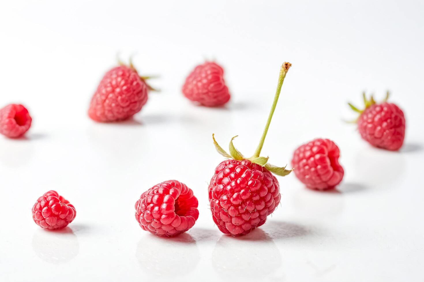 Closeup of red raspberries on a white background photo