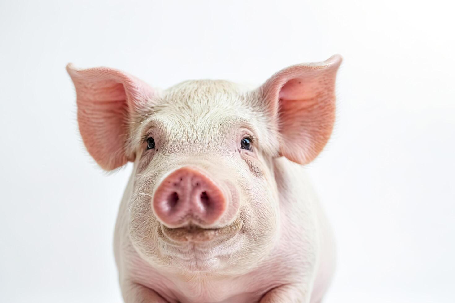 Close Up of Piglet with Pink Nose and Big Ears on White Background photo