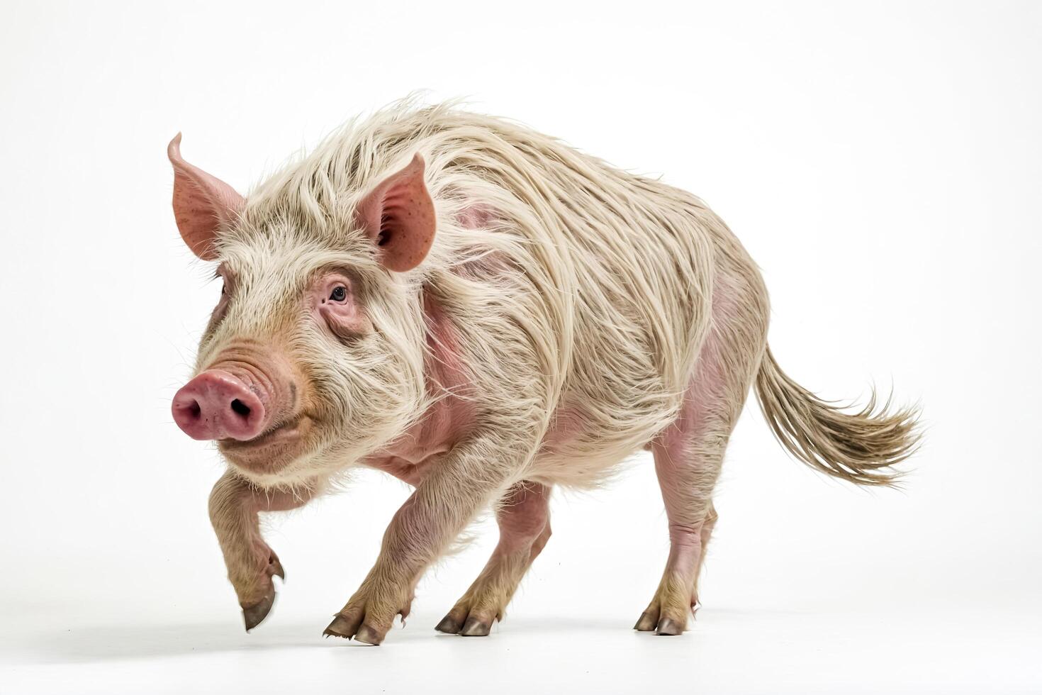 Hairy piglet running on white background photo