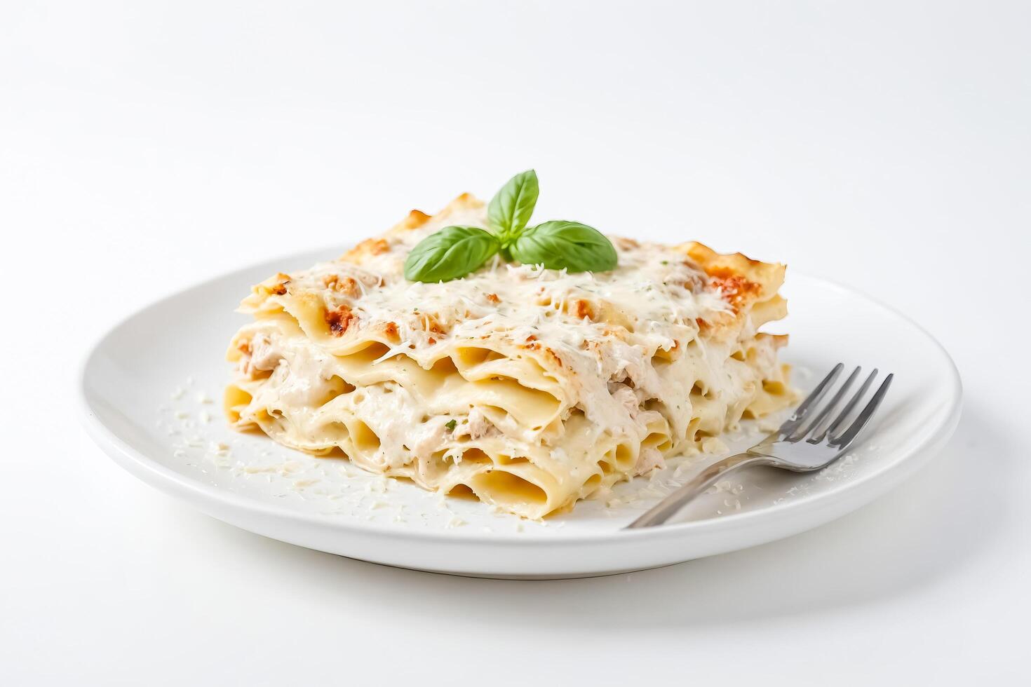 Close-up of a plate of lasagna with a fork photo