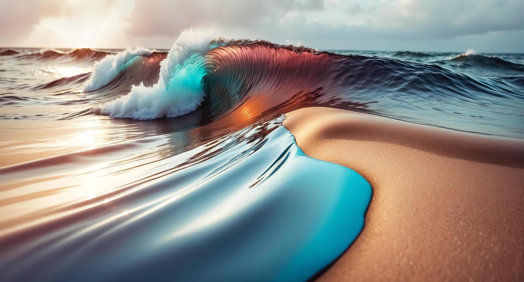 Abstract ocean wave with turquoise and orange hues at sunset photo