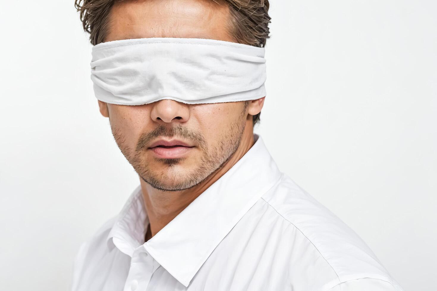Blindfolded Man in White Shirt photo