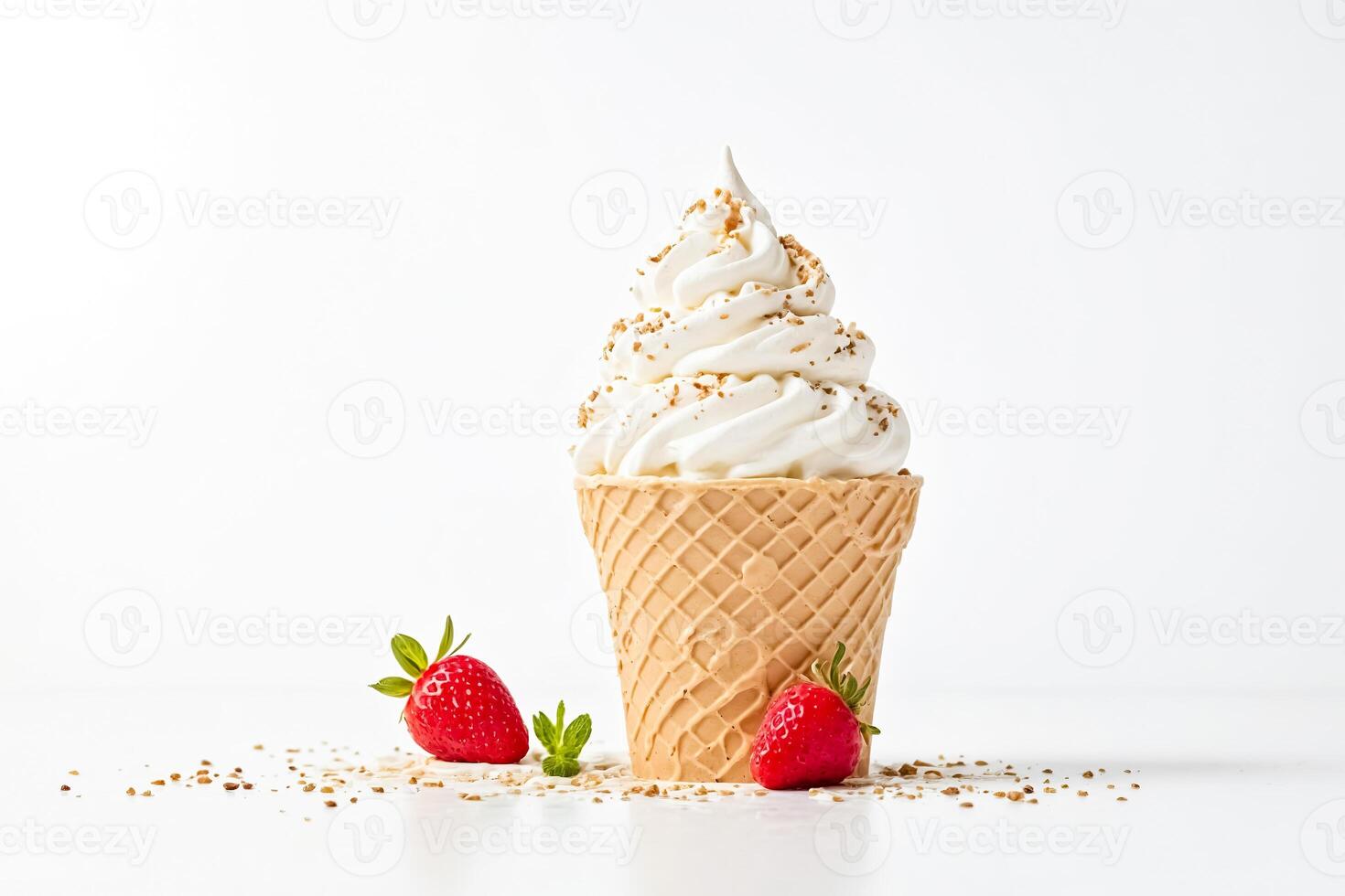 Ice cream cone with strawberries and sprinkles on white background photo