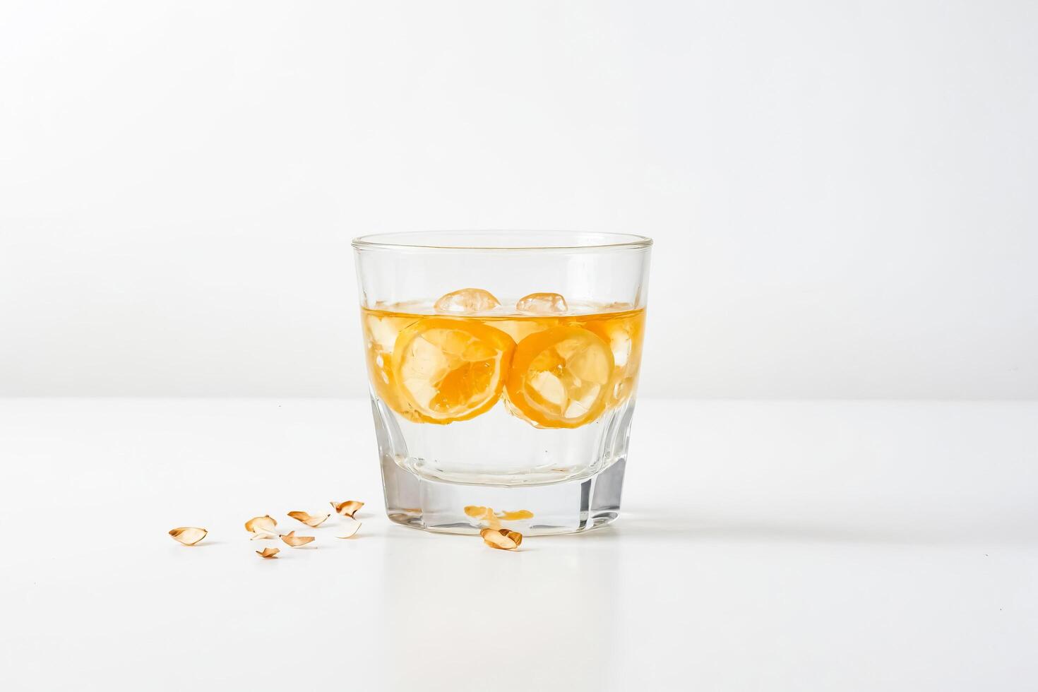 Glass of water with lemon slices and ice cubes photo