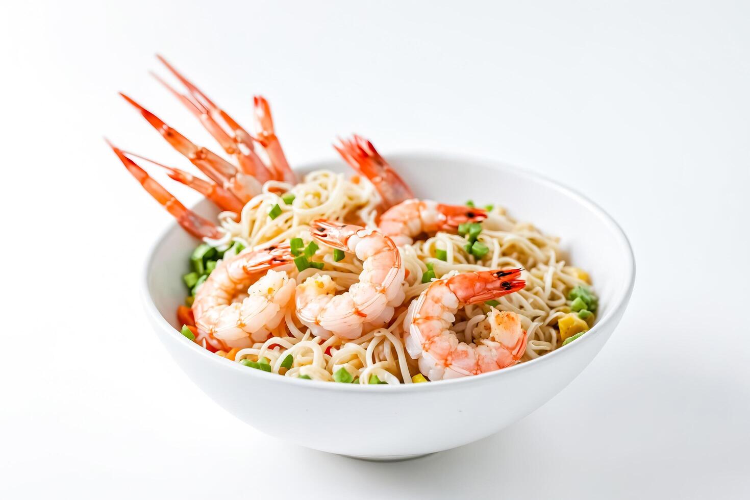 Close-up of a bowl of shrimp and noodles photo