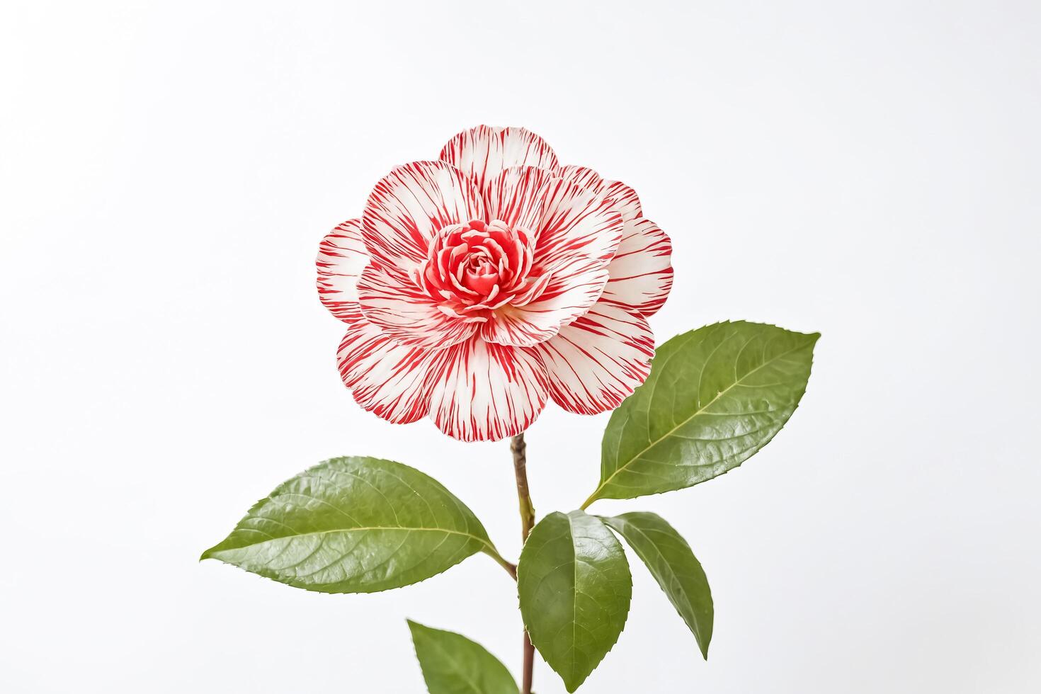 Close-up of a Red and White Striped Camellia Flower photo