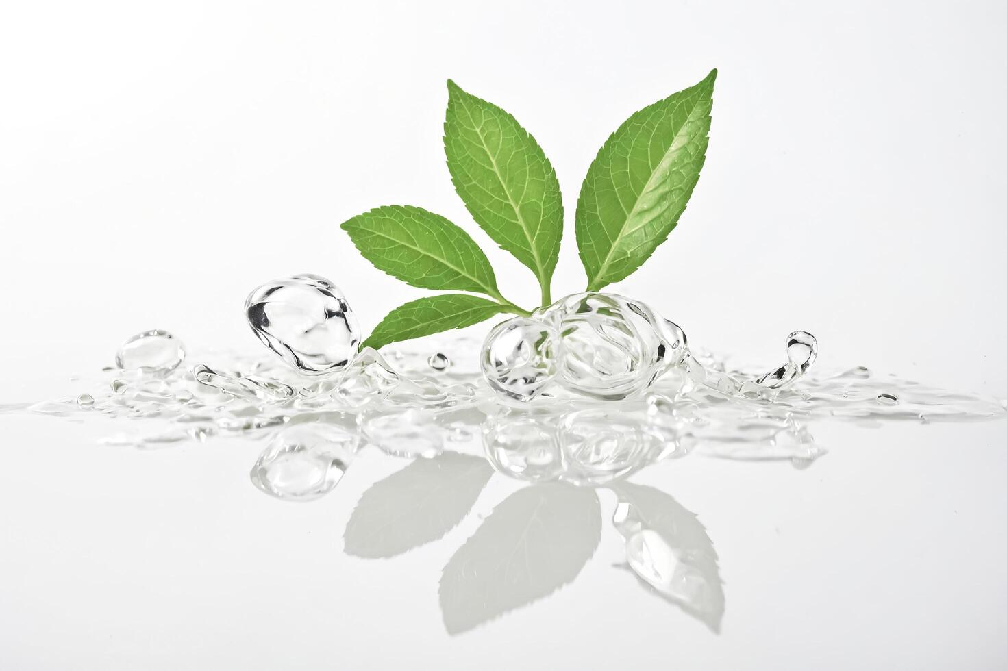 Green leaves on water with water droplets photo