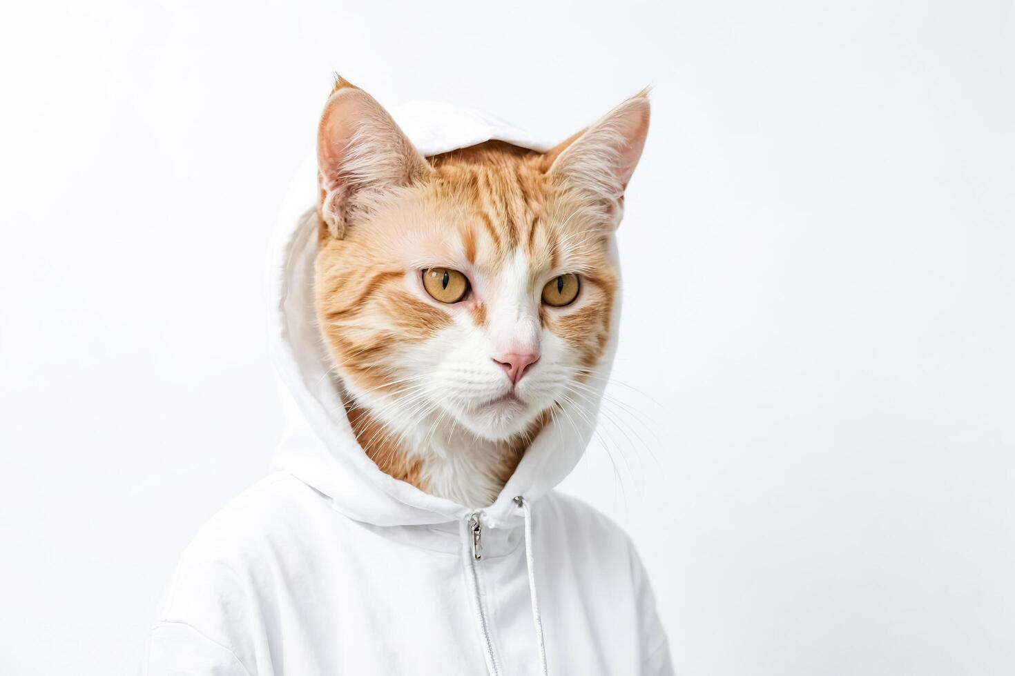 Orange tabby cat wearing a white hoodie photo