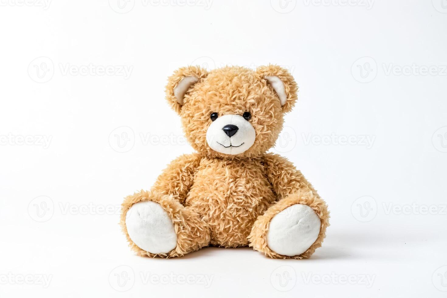 Brown teddy bear sitting on white background photo