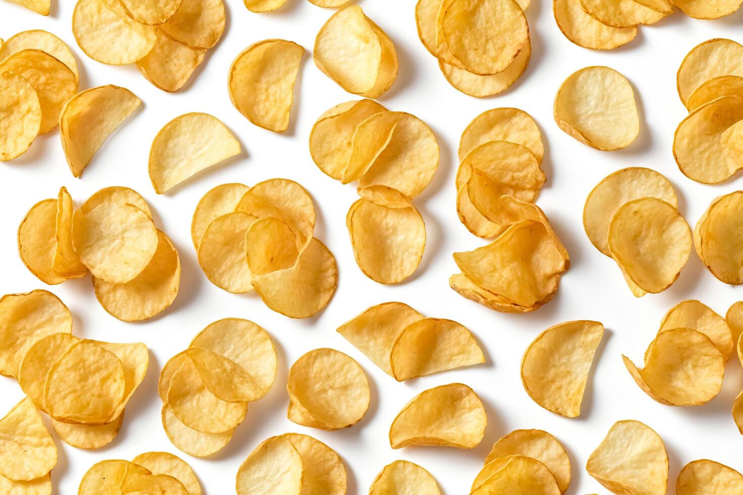 Crispy Potato Chips Scattered on White Background photo