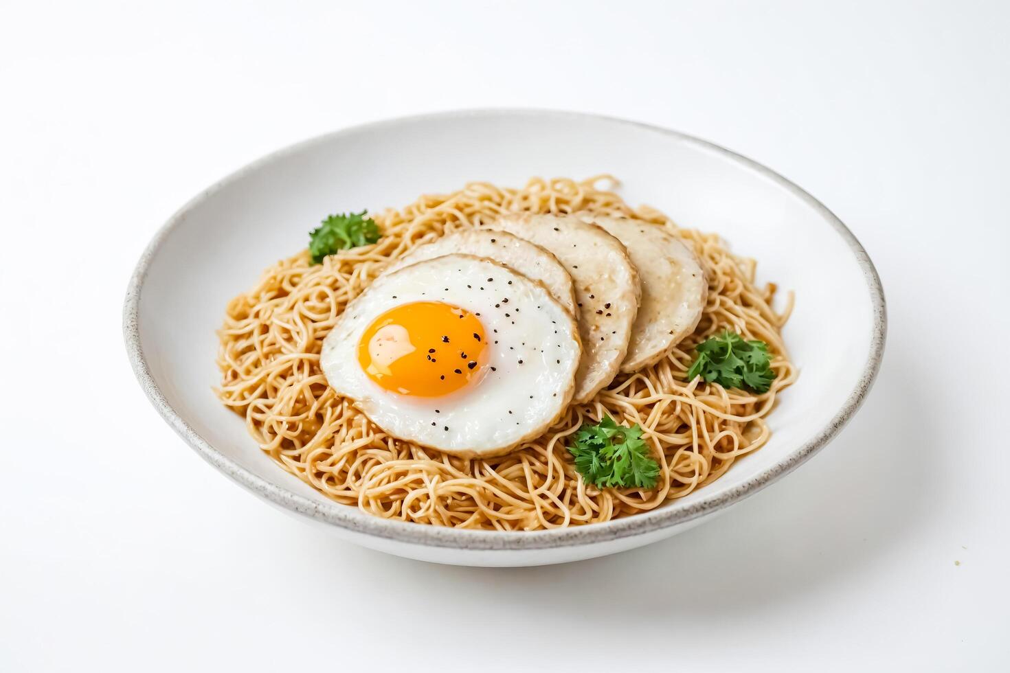 Noodles with Fried Egg and Meat in White Bowl photo
