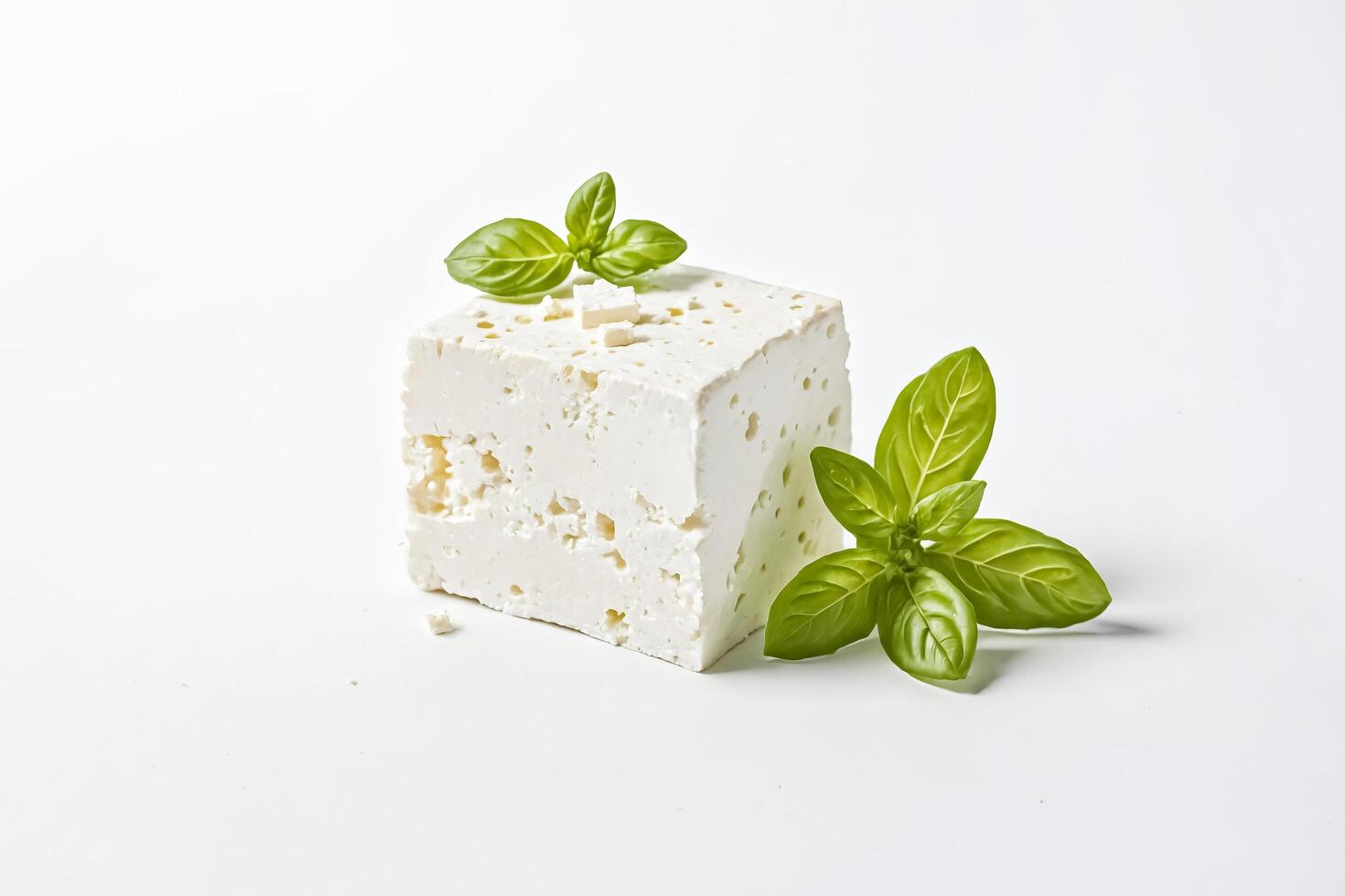 Cube of Feta Cheese with Basil Leaves photo