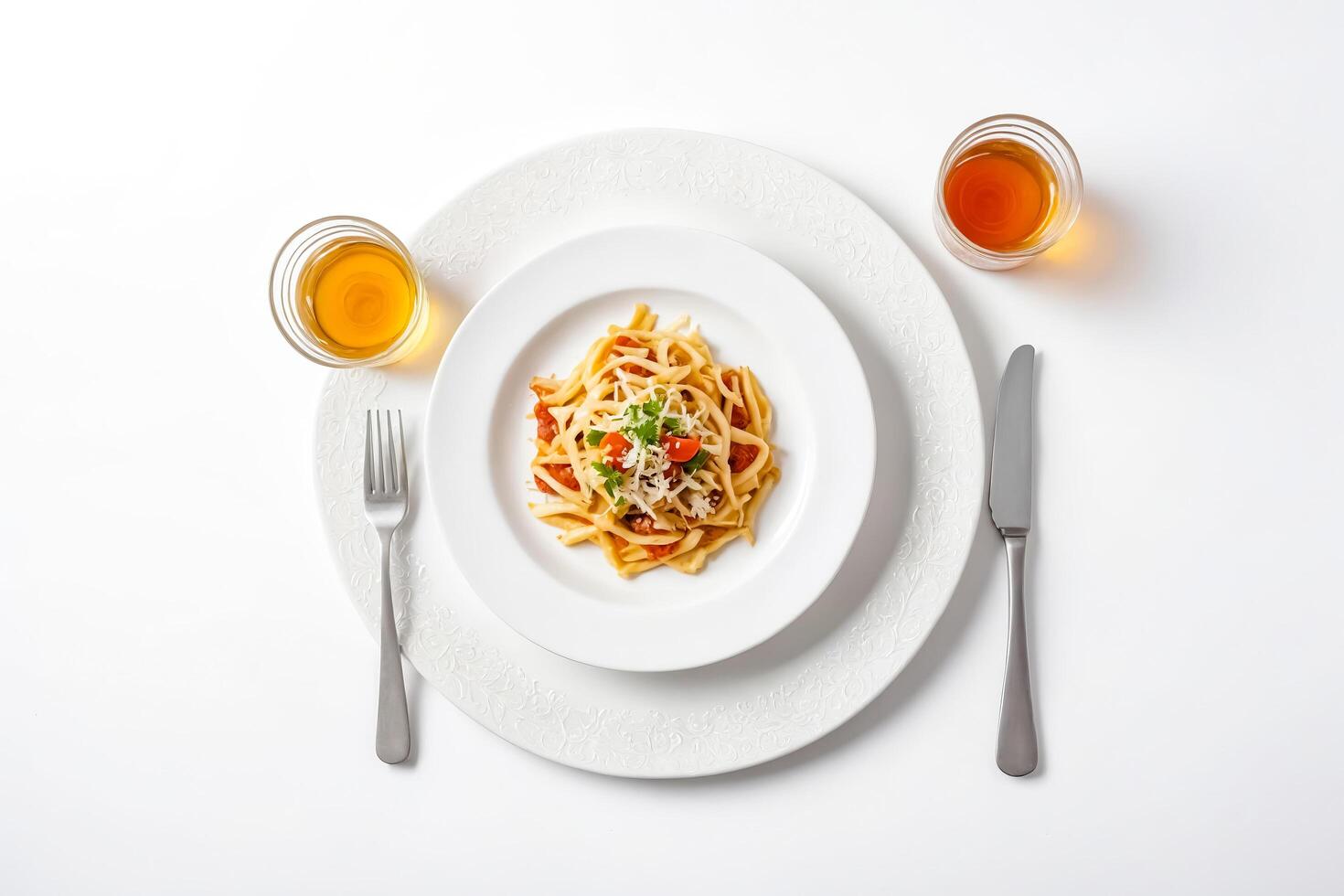 Pasta with Tomato Sauce and Parmesan Cheese on White Plate with Fork and Knife photo