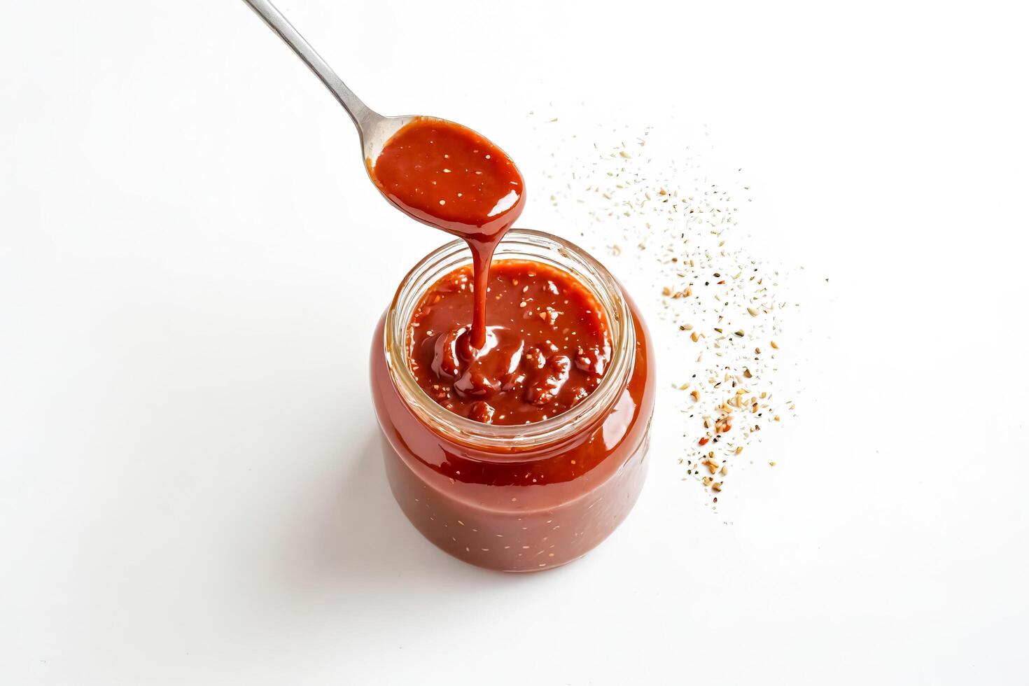 Delicious Sauce Dripping From Spoon Into Jar photo