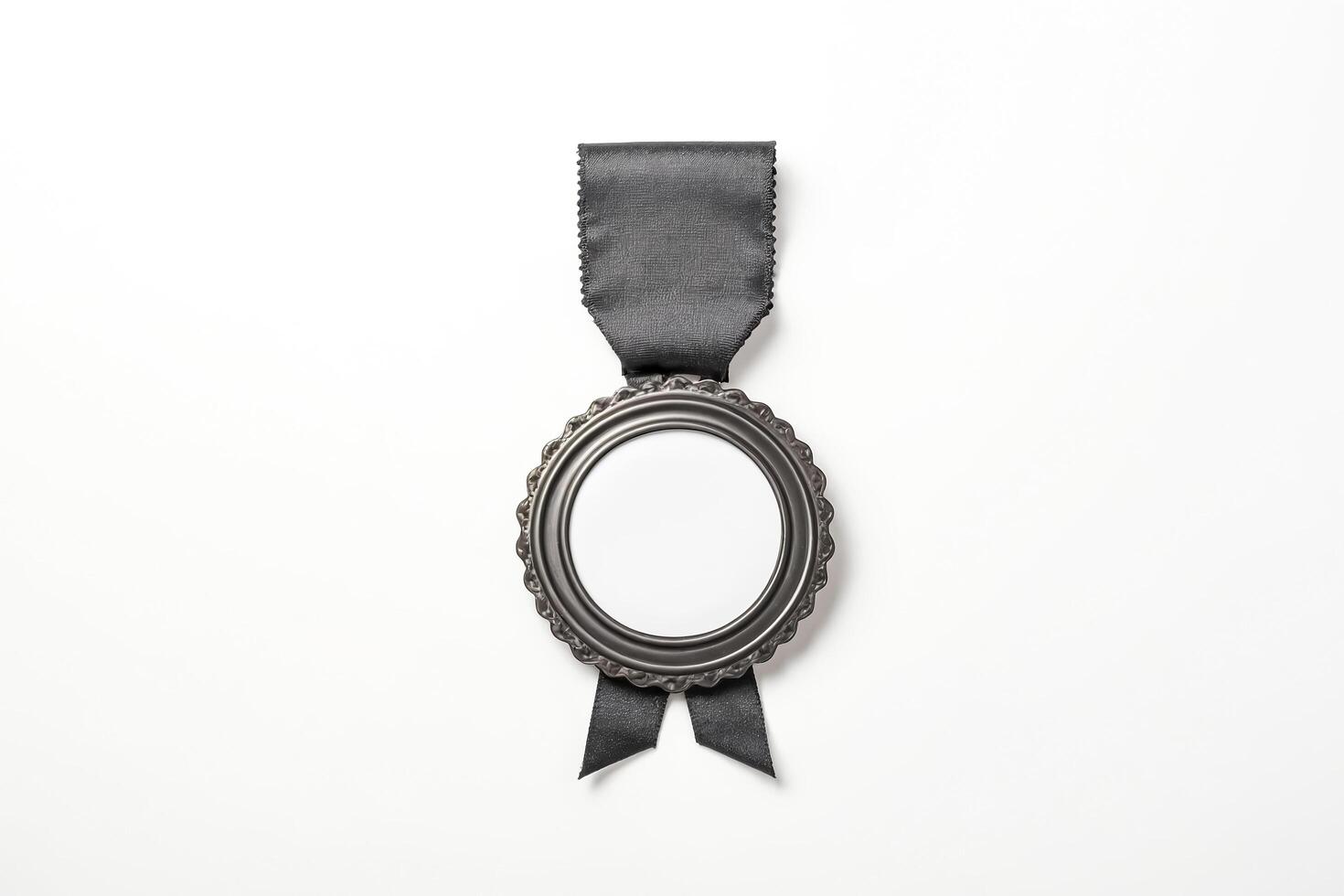 Black ribbon with a silver round frame on a white background photo