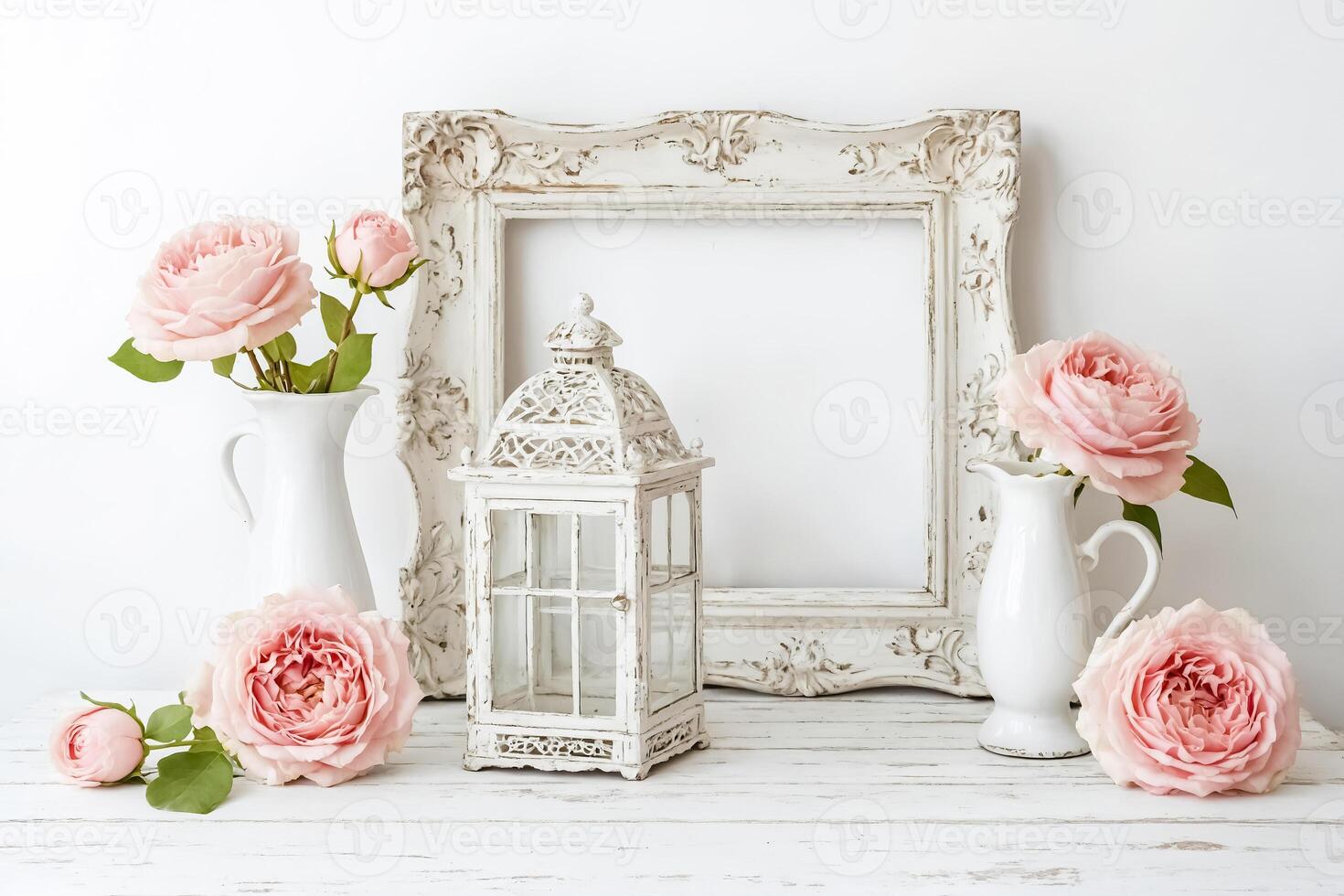 Pink Roses and White Vintage Decor on a Whitewashed Wooden Table photo