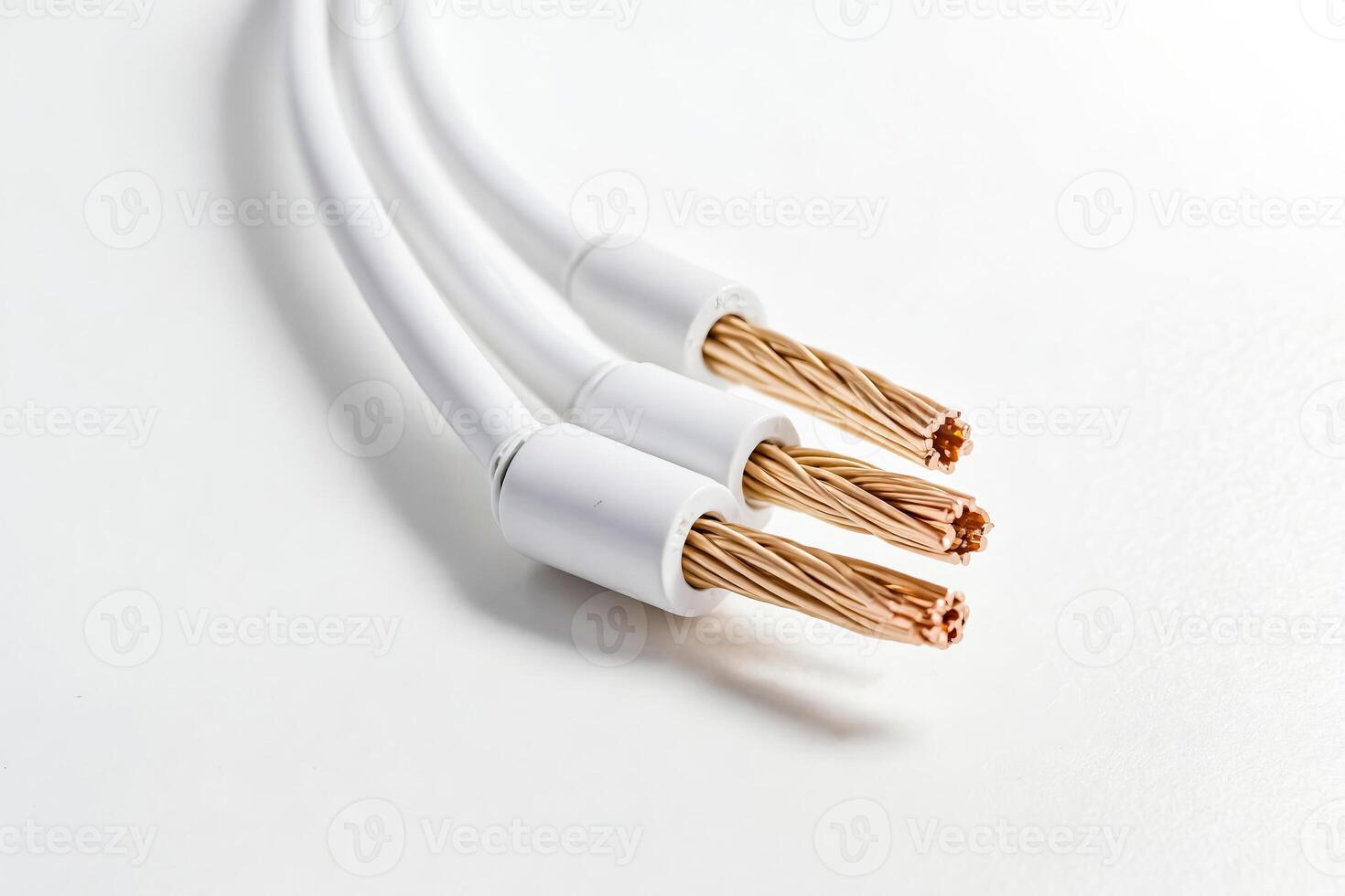 Close-up of Three White Electrical Wires With Exposed Copper Cores photo