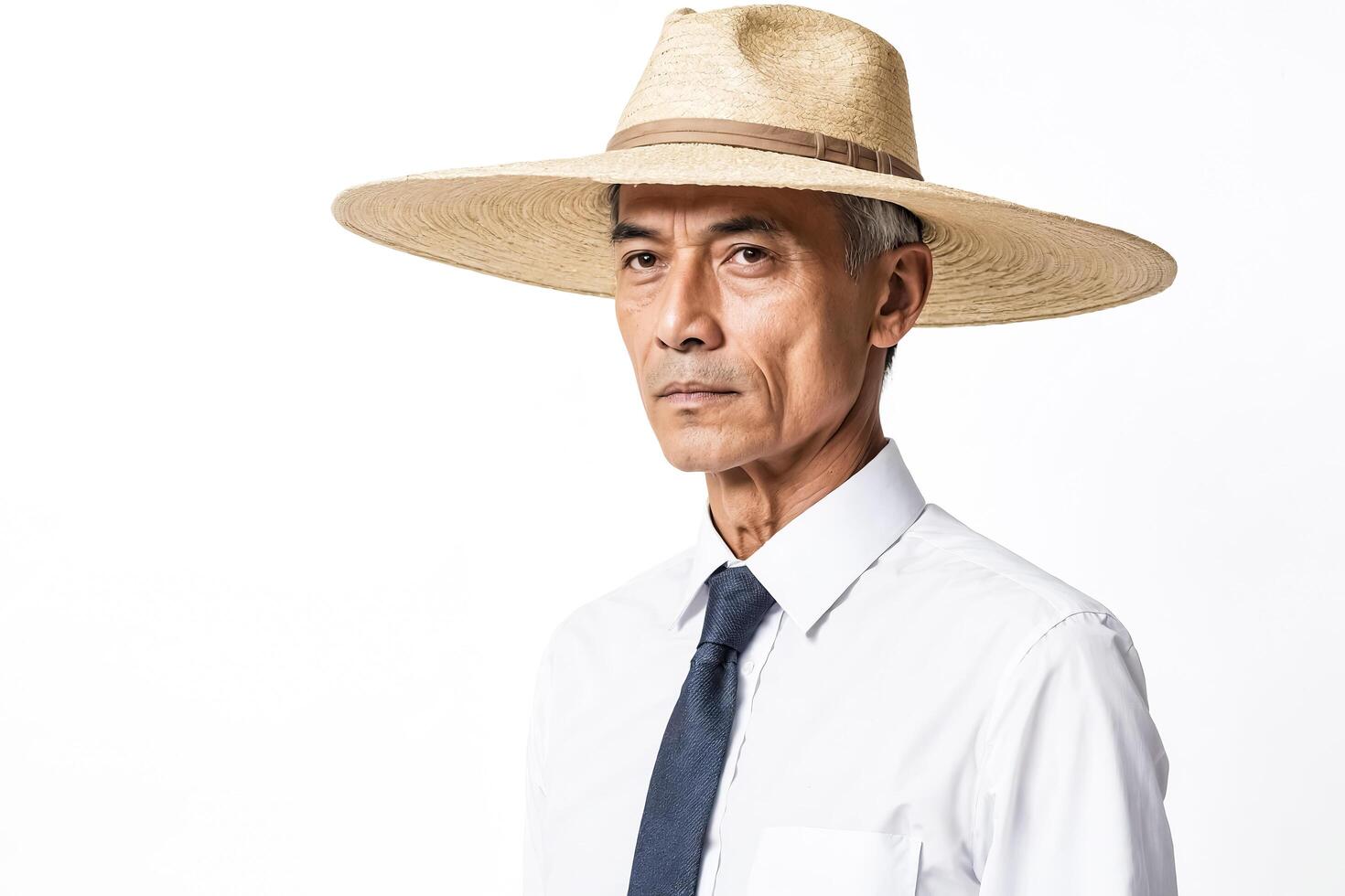 Asian Man in Straw Hat and White Shirt photo