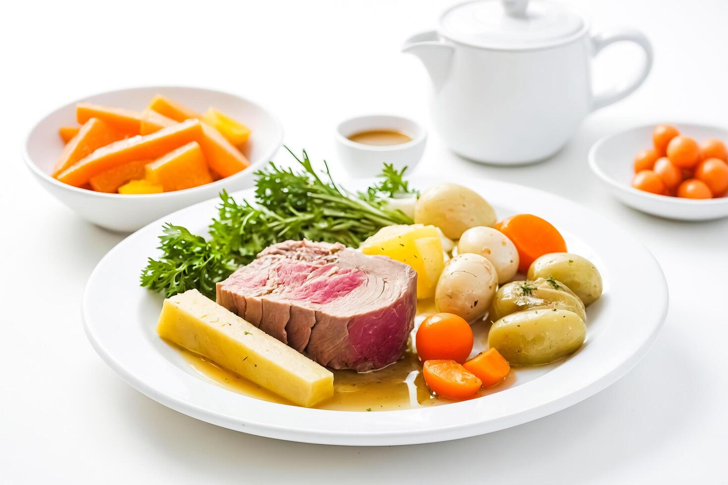 Tuna with vegetables and sauce on a white plate photo