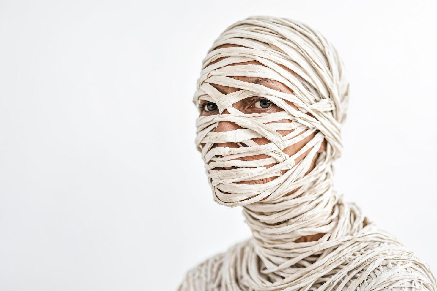 Wrapped in mystery, portrait of a woman with a bandage around her face photo