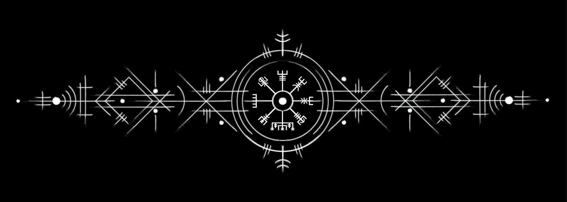 Vegvisir magic navigation compass hand drawn style. Ancient viking sign in art deco. The Asatru used many symbols in accordance to Norse mythology, widely used in Viking society. Esoteric logo icon vector