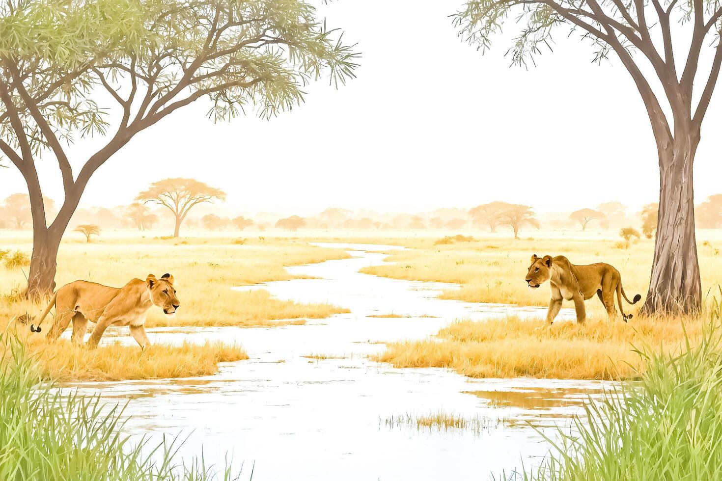 Two Lions Walk by a River in the Savanna photo