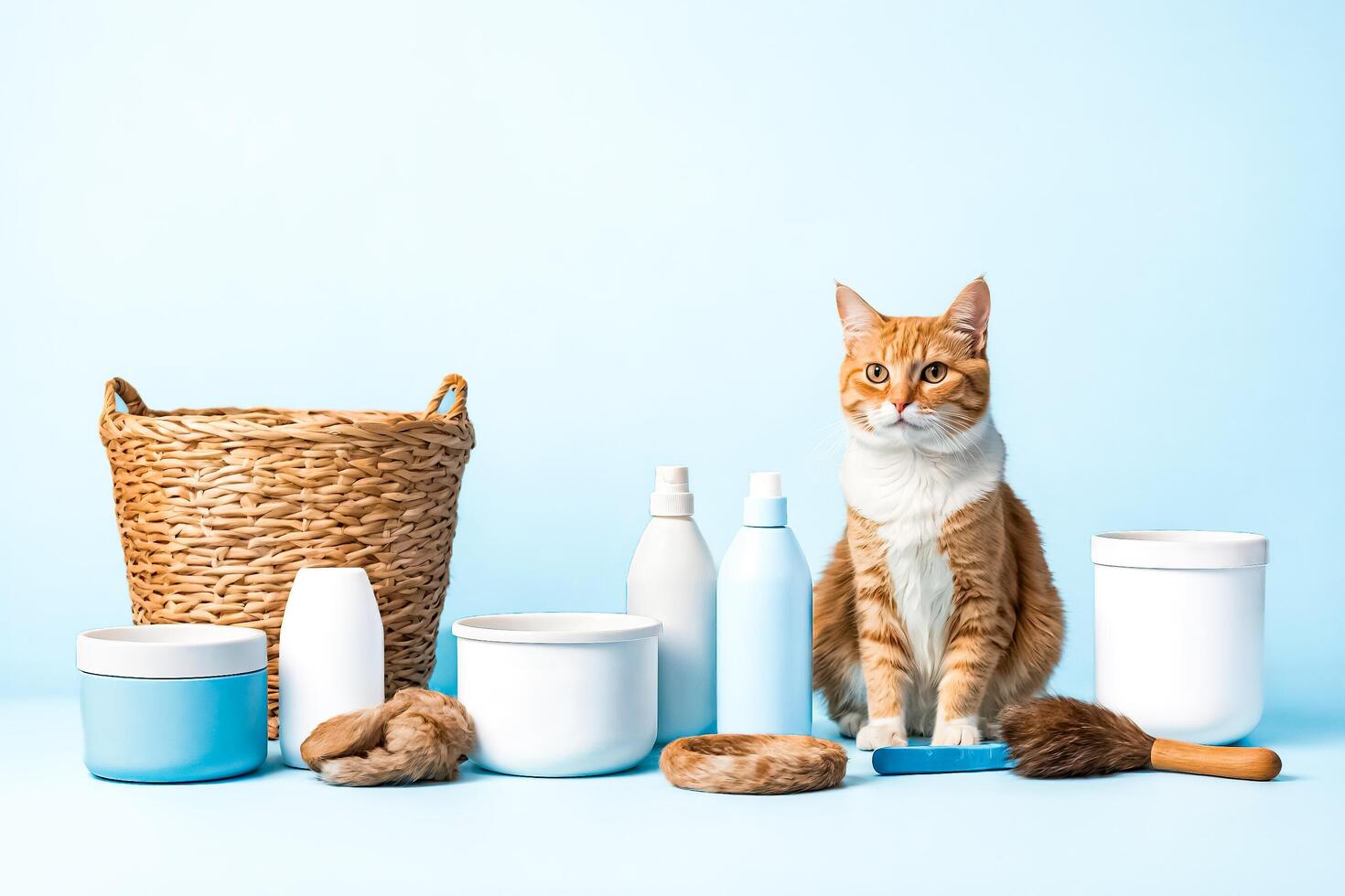 Cat grooming supplies and a cute cat sitting in front of a blue background photo