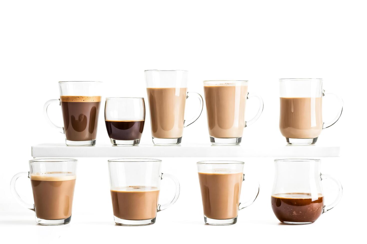 Assortment of Coffee Drinks in Clear Glass Mugs on White Background photo