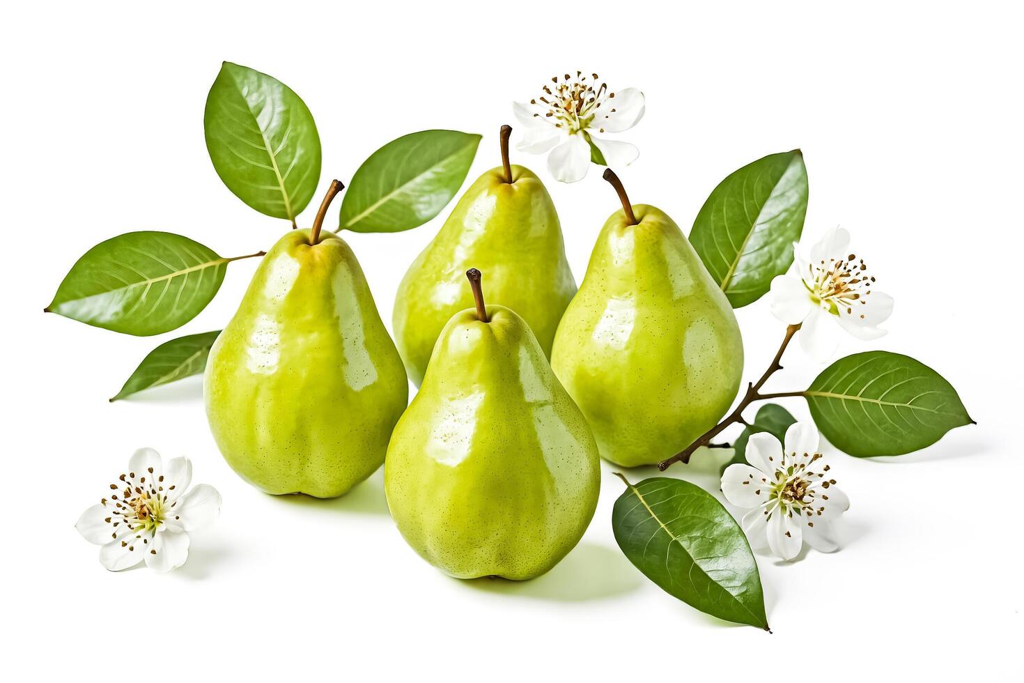 Green Pears with White Flowers and Leaves photo