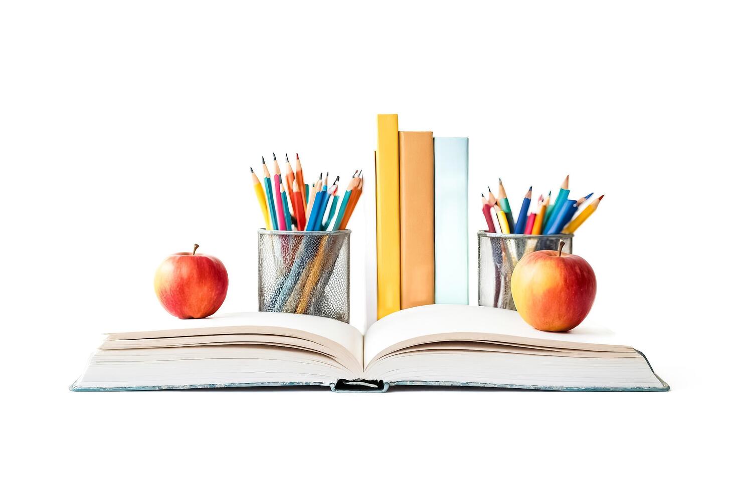 Open Book With Pencils, Apples and Books photo