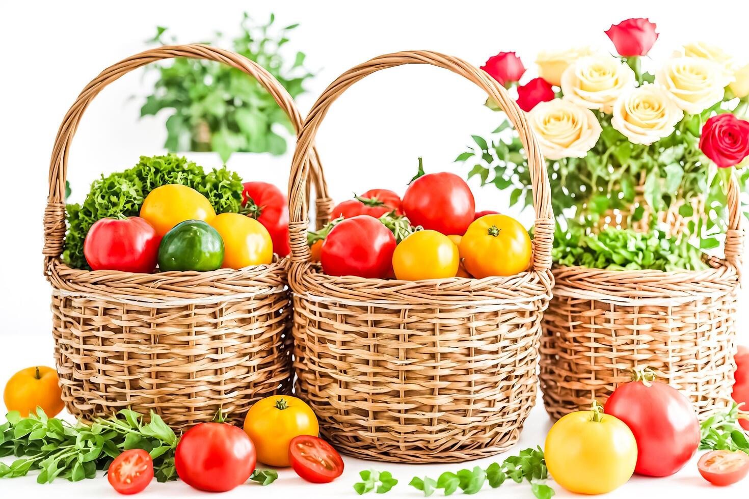 Fresh Tomatoes and Yellow Tomatoes in Wicker Baskets photo
