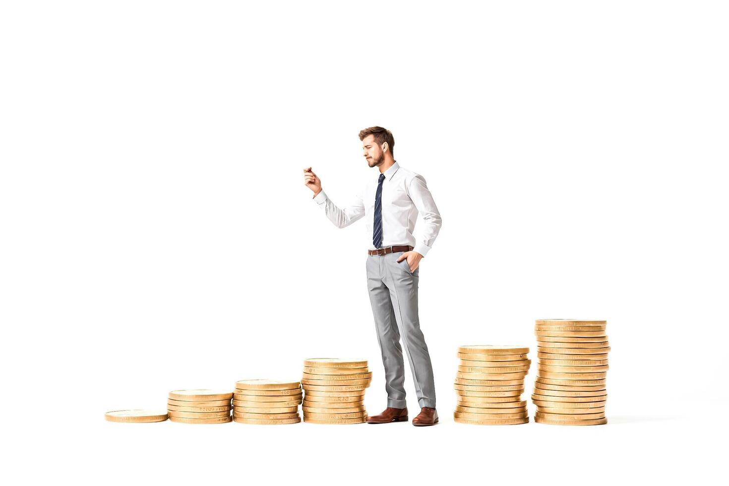 Businessman Standing in Front of Increasing Stacks of Gold Coins photo