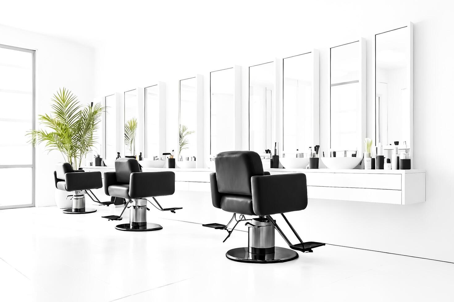 Minimalist Salon Interior with Barber Chairs and Mirrors photo