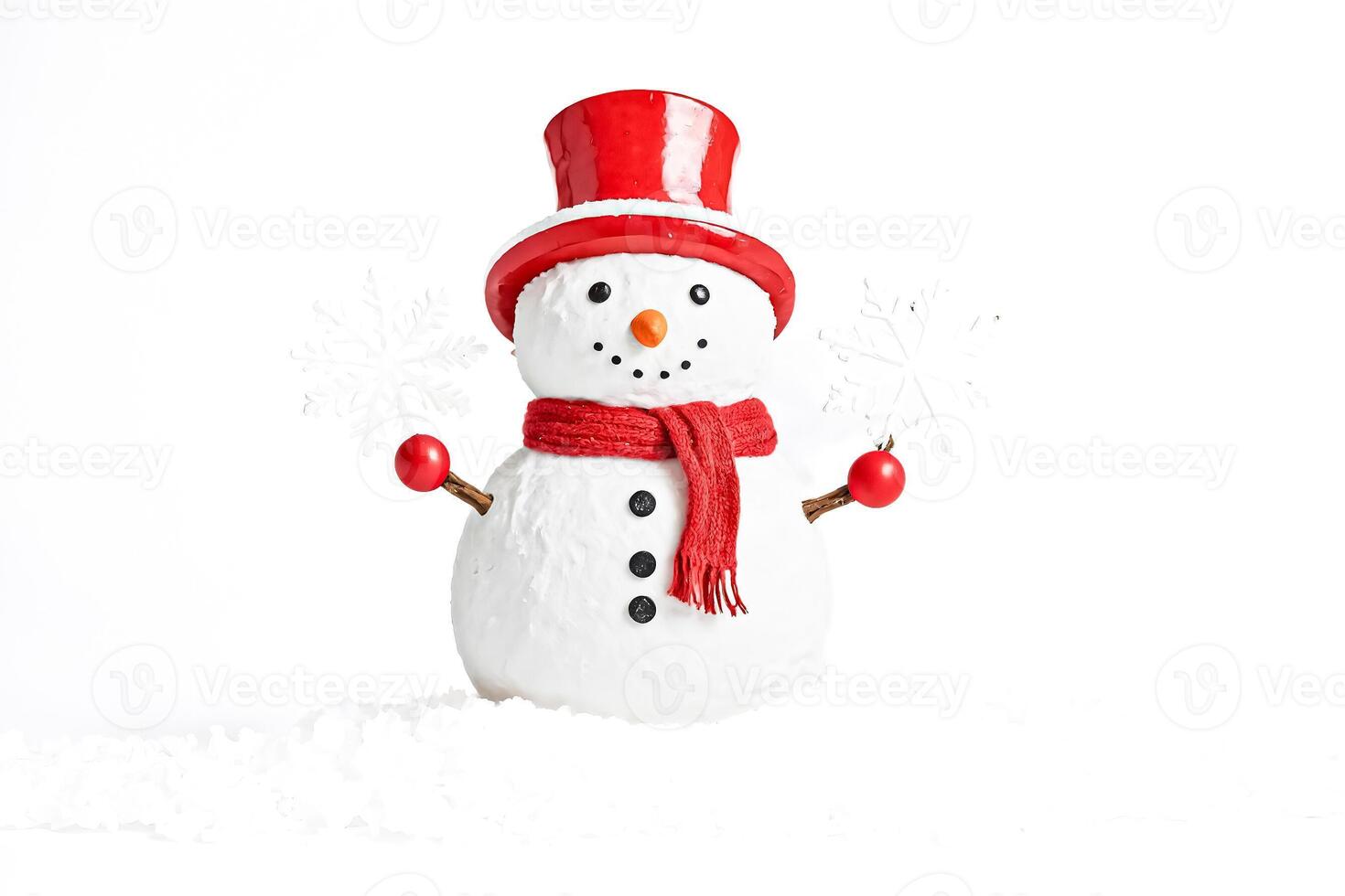 Cheerful Snowman in Red Hat and Scarf Holding Snowflakes photo