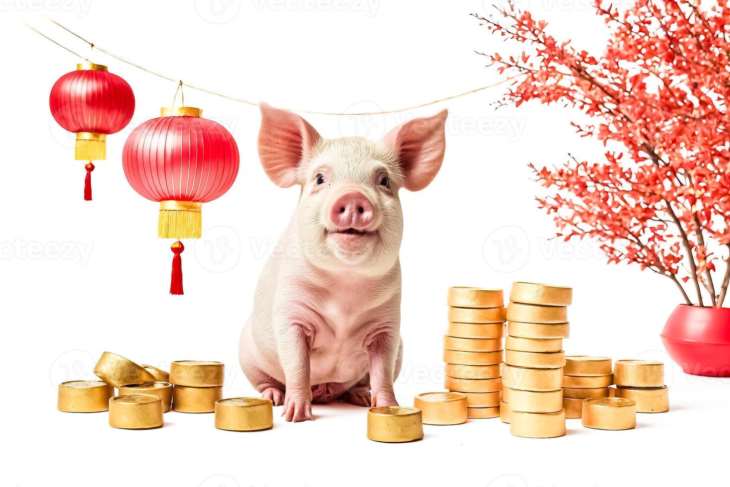 Pig with Gold Coins and Red Lanterns photo