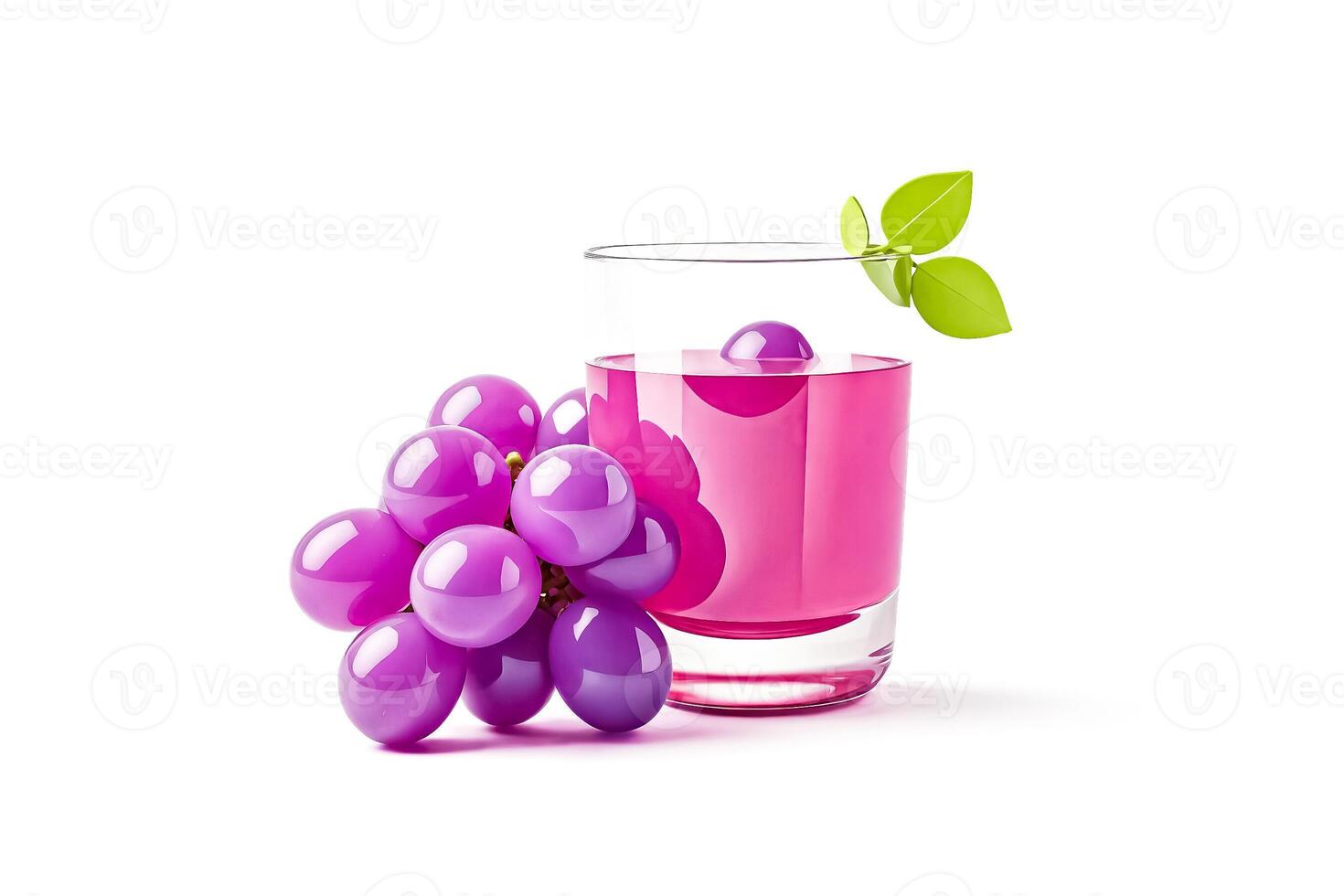 Purple Grapes and Juice in a Glass with a Green Leaf photo