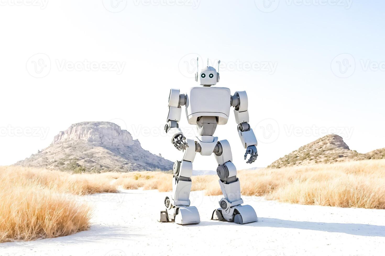 Robot standing in a desert landscape photo