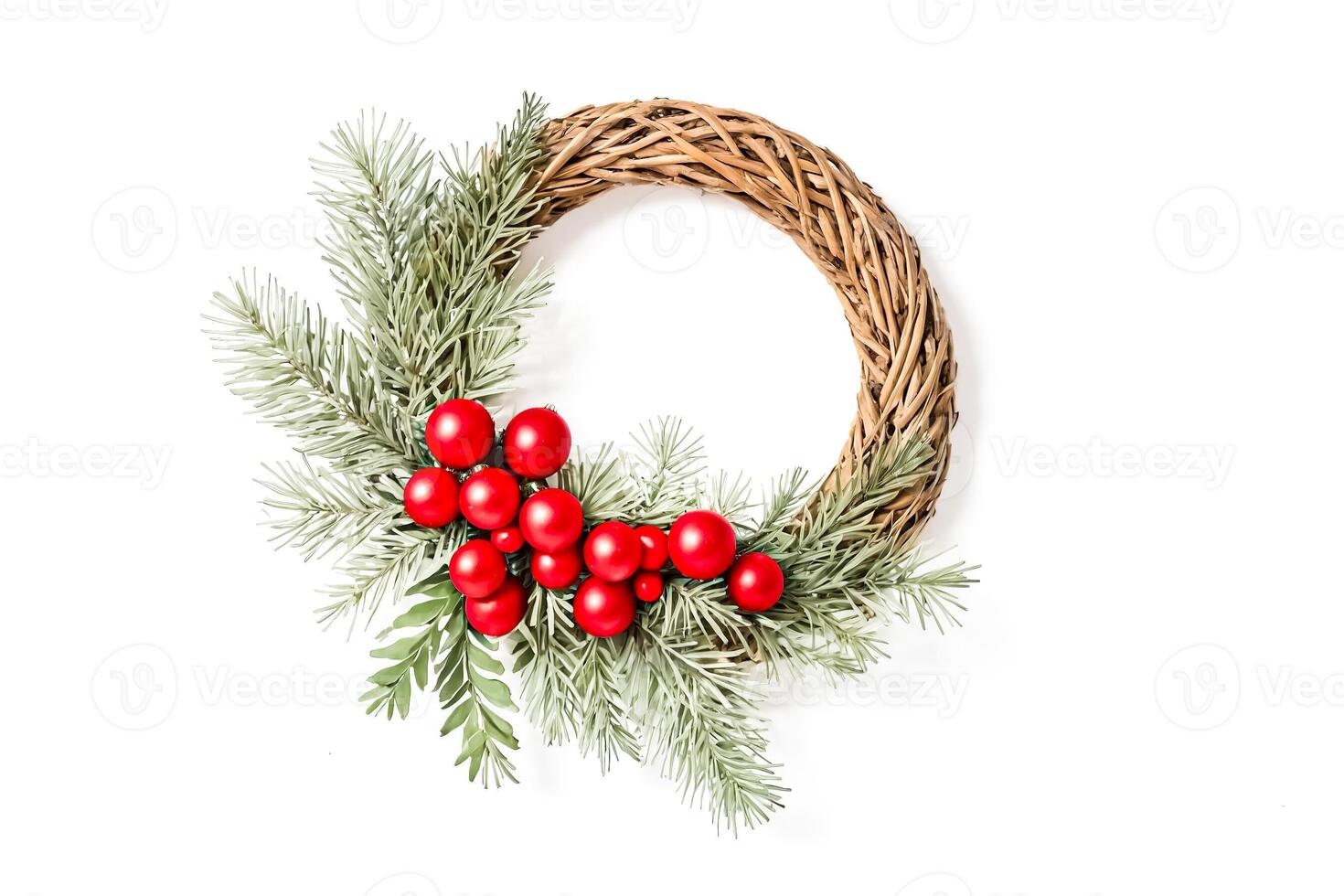 Christmas Wreath with Red Berries and Pine Needles photo