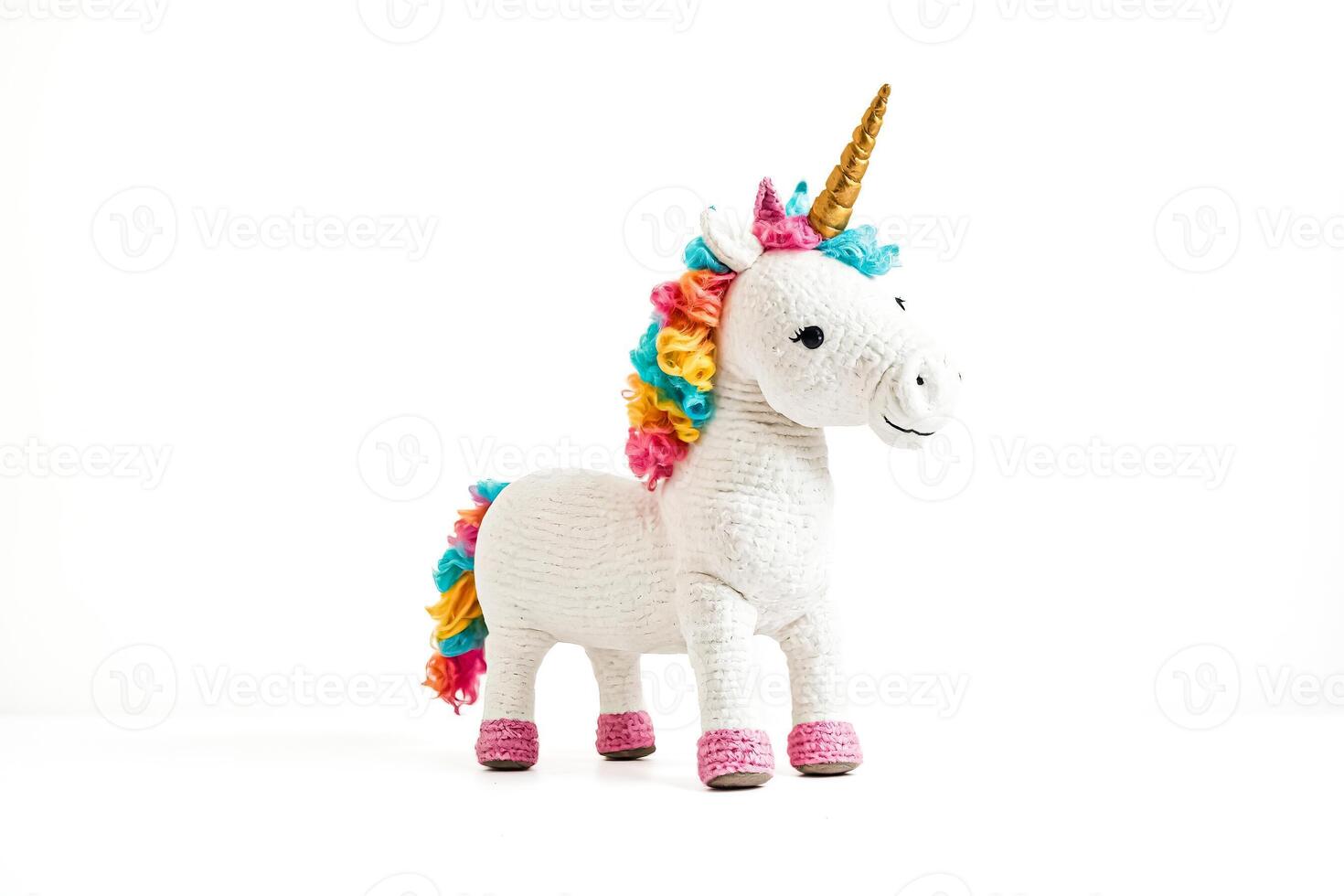 White unicorn toy with rainbow mane and tail on a white background photo