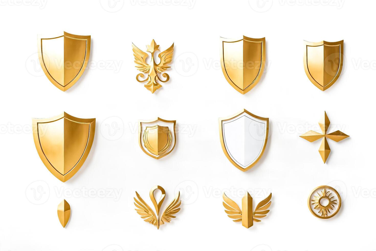 Golden Shield and Emblem Set on White Background photo