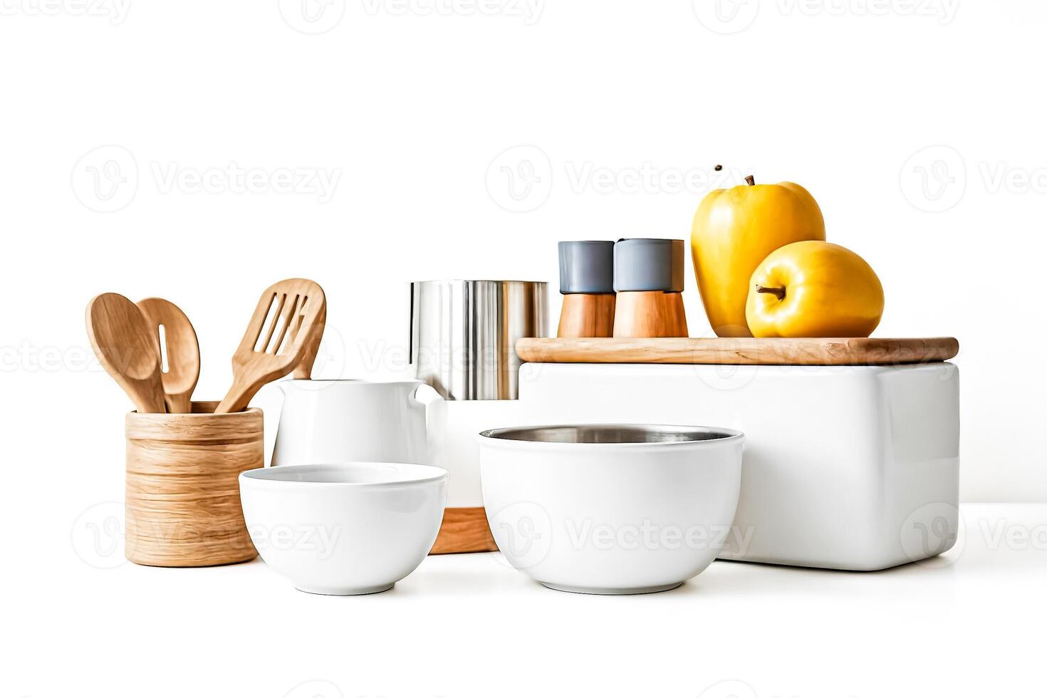 Minimalist Kitchen Still Life with White Ceramic Bowls and Wooden Utensils photo