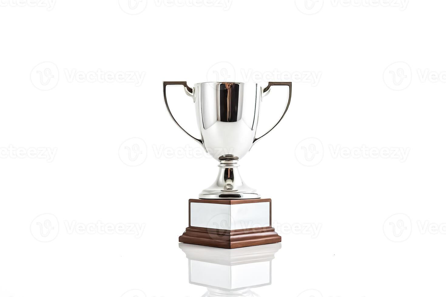 Silver Trophy with Wooden Base on White Background photo