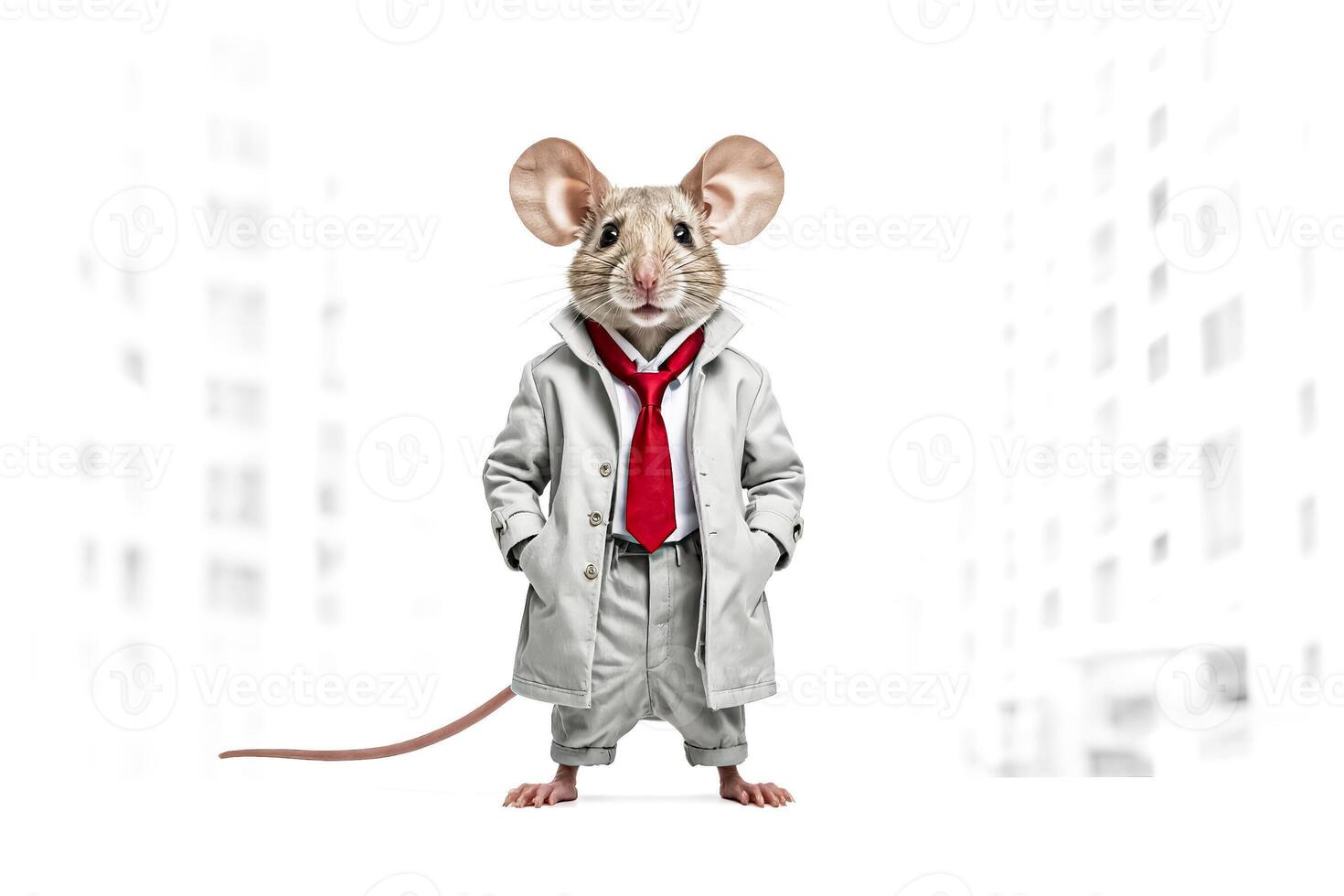 A Mouse in a Suit Standing in Front of a Building photo