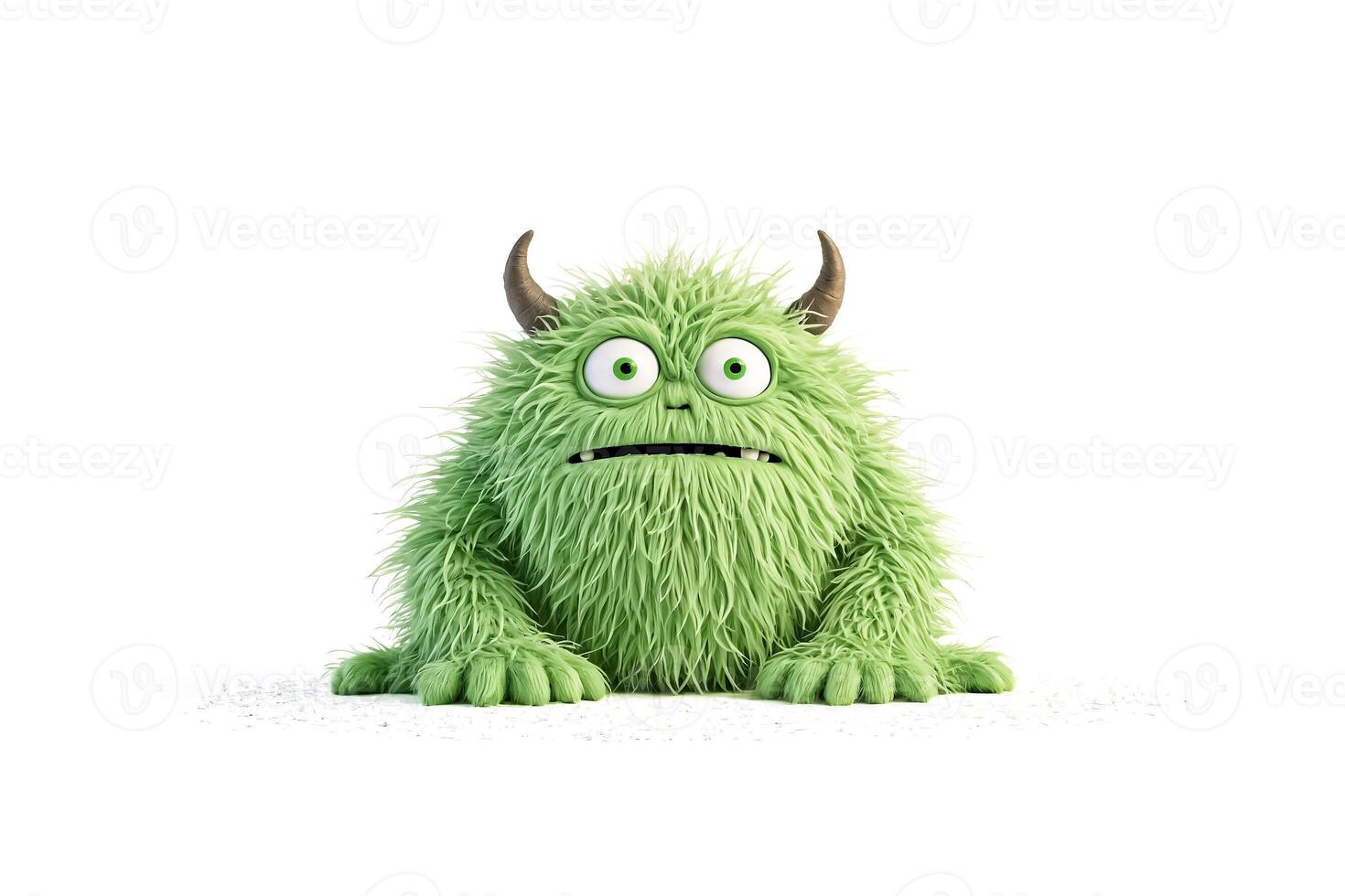 3D Render of a Cute Green Monster with Horns photo