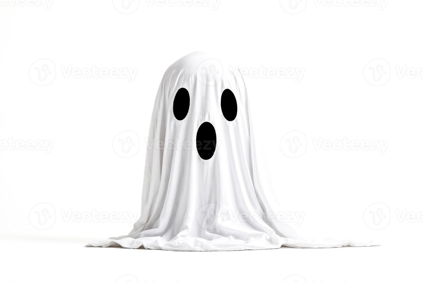 Ghostly Figure in White Sheet with Black Eye and Mouth Cutouts photo