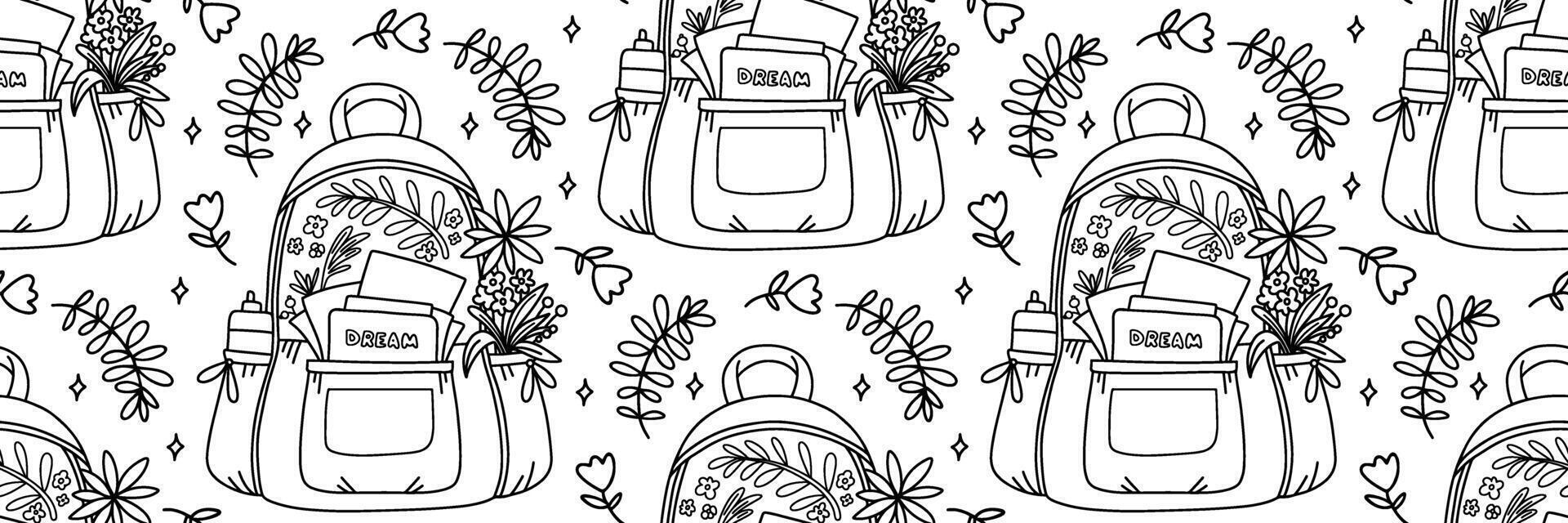 Doodle backpack seamless pattern. Education background outline design. Back to school concept. Hand drawn bag with foliage. Forest trip, holiday. For textile, packaging. line illustration. vector