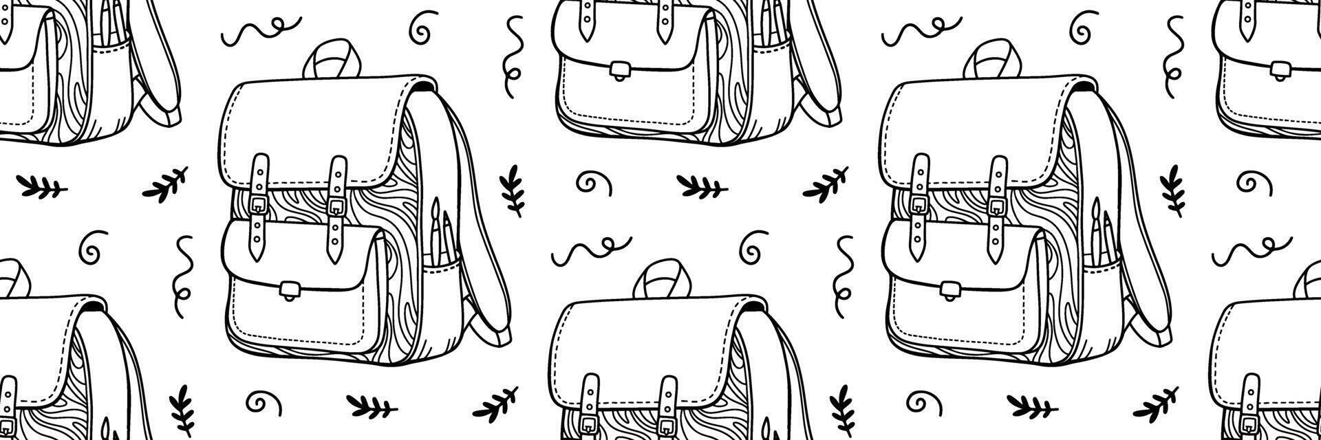 Doodle backpack seamless pattern design. Education background outline design. Study illustration. Back to school concept. Hand drawn Camping bag. For textile, packaging. line illustration. vector