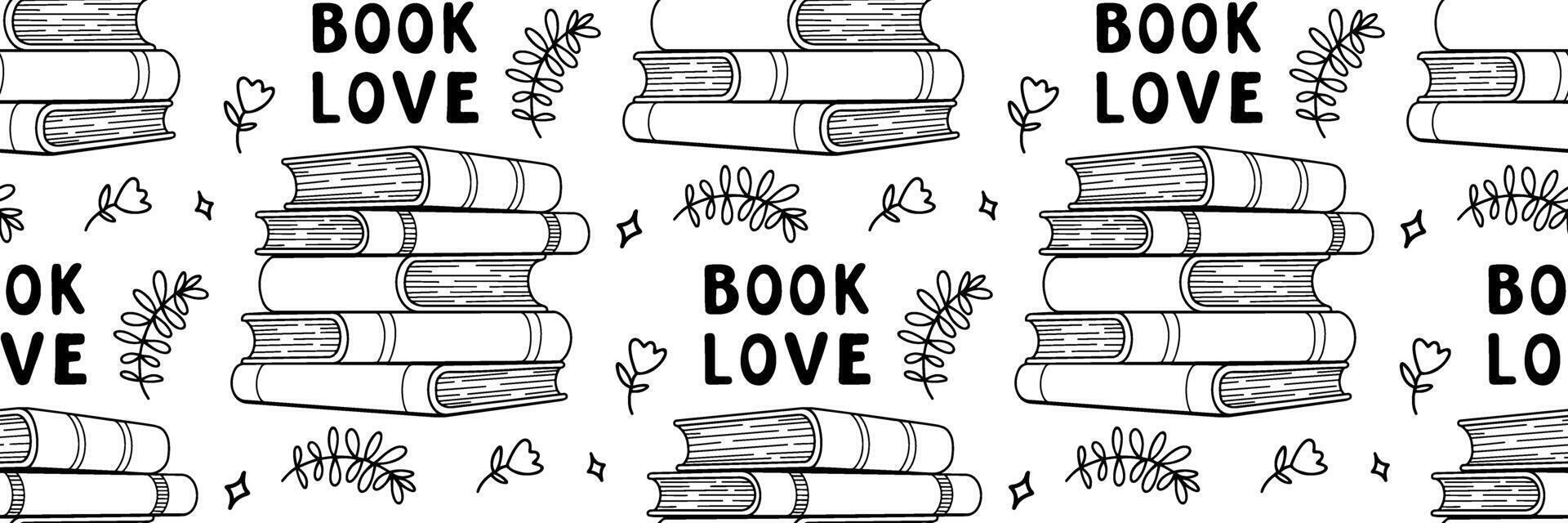Book stack outline pattern. World book day Education background. Book love text. Back to school concept. For store, cards, wrapping paper, wallpaper, fabric, textile. flat illustration. vector