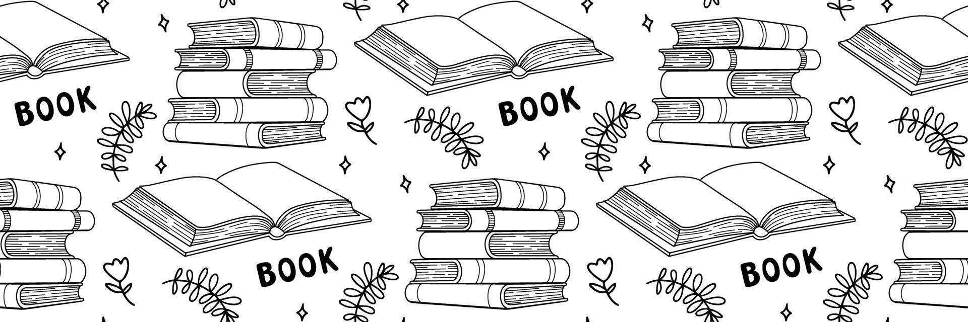 Open Book outline pattern. World book day Education background. Book stack for school. Back to school concept. For store, cards, wrapping paper, wallpaper, fabric, textile. flat illustration. vector
