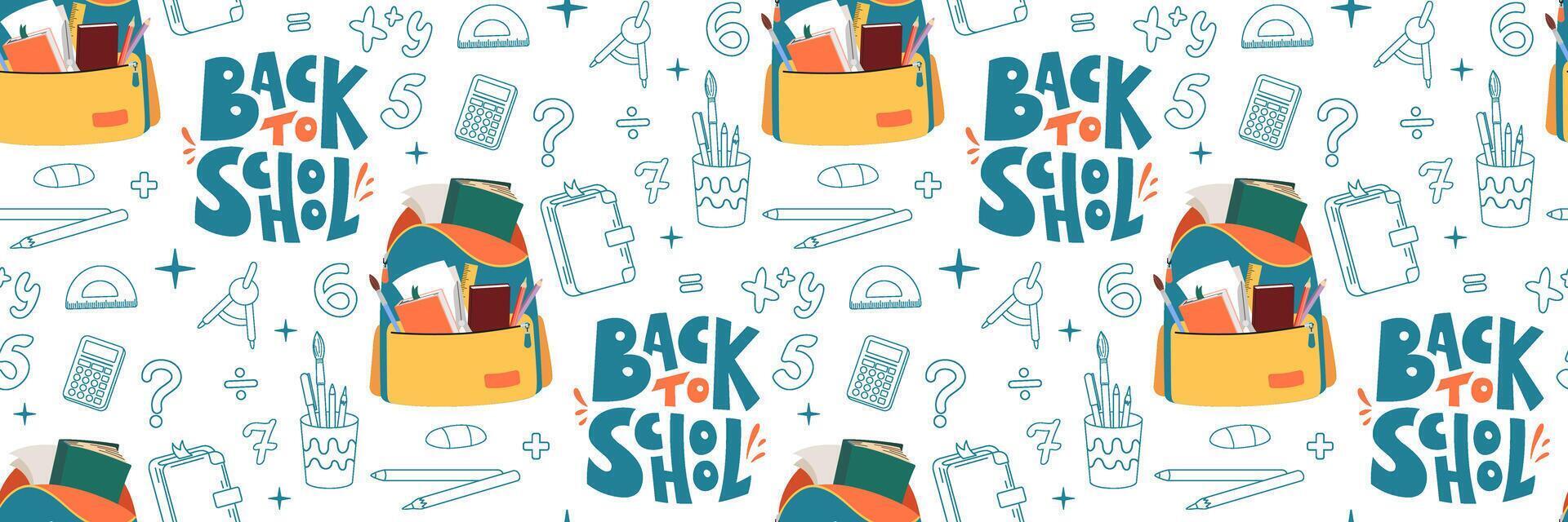 Back to School seamless pattern. Colorful backpack and stationery. Mathematical doodle elements. Concept of education. For textile design, packaging, scrapbooking. flat illustration. vector